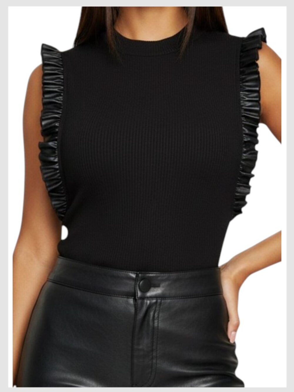 Sunday in Brooklyn Ribbed Knit Top Black Faux Leather Ruffle S